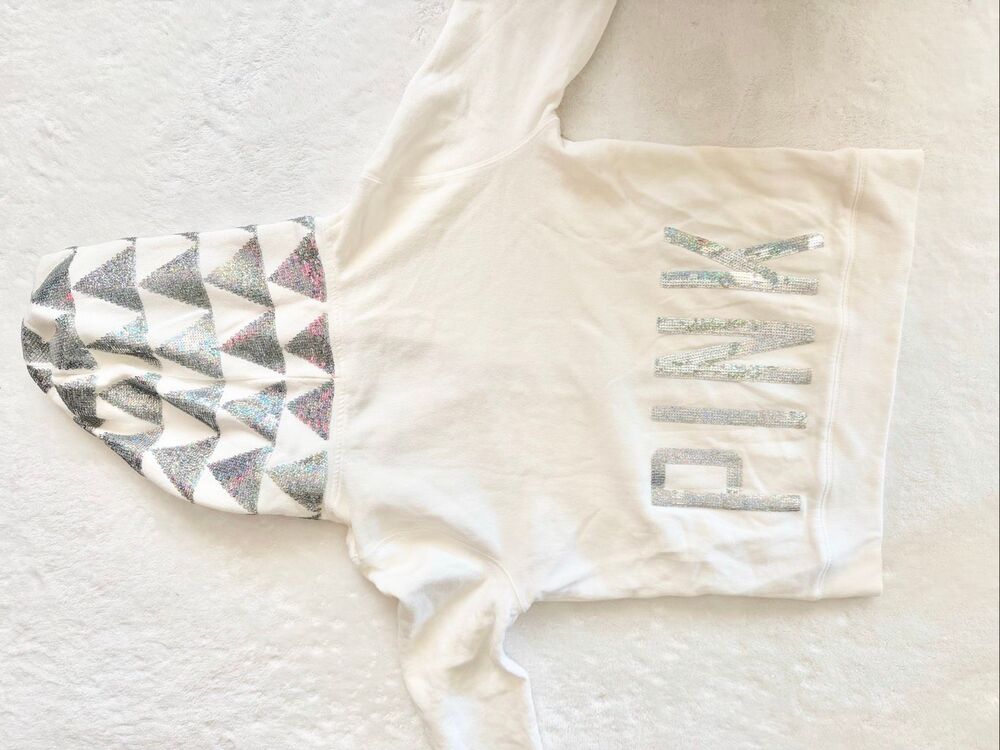 PINK Victoria’s Secret White Holographic Sequin Zip Hoodie Y2K Bling Women’s Sma - Picture 8 of 12